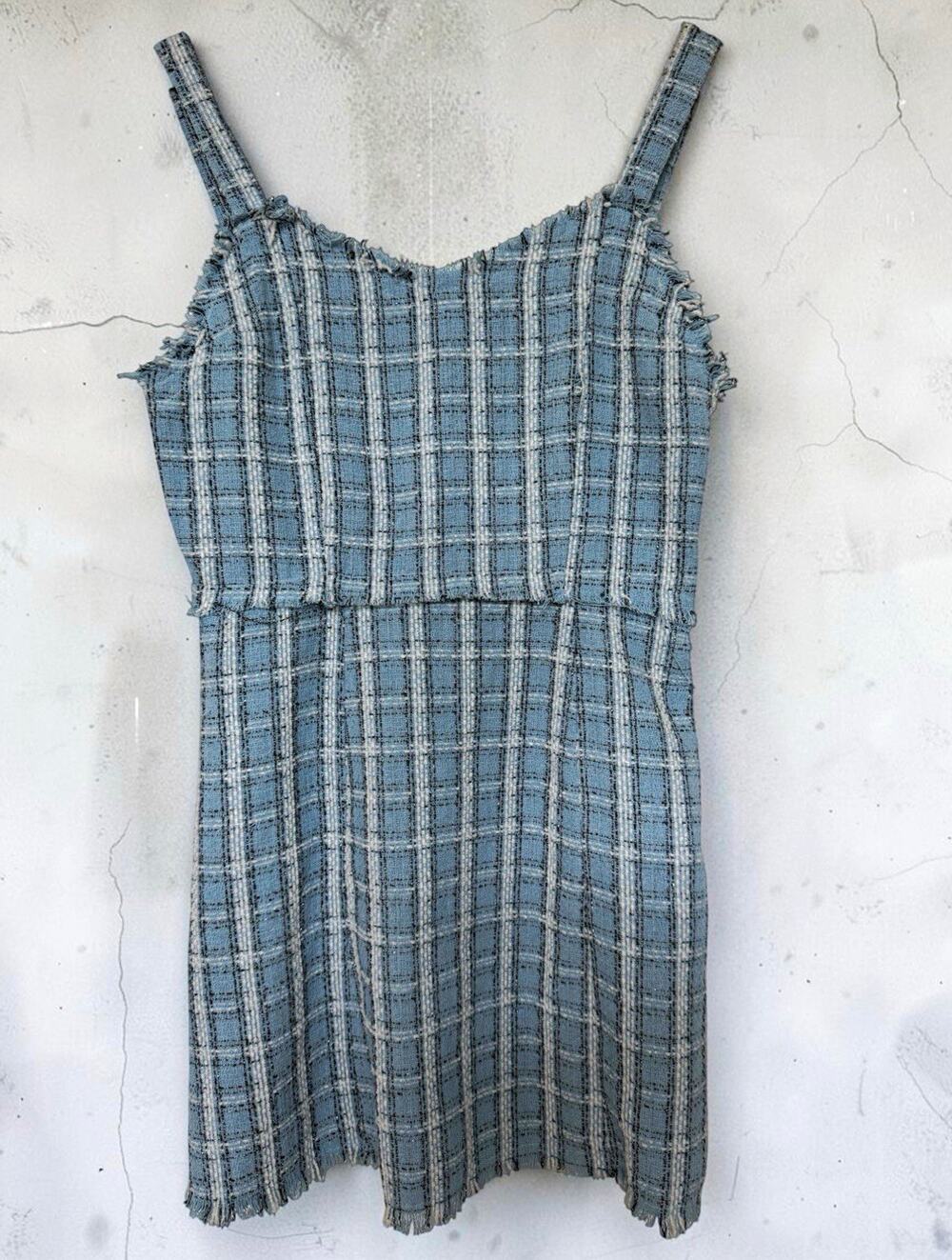 NWT Umgee Women's Baby Blue Plaid Tweed Fringe Mini Dress Square Neck Size L